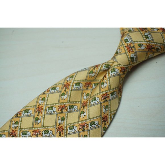 Salvatore Ferragamo Yellow African Elephant Camel Animal Silk Tie